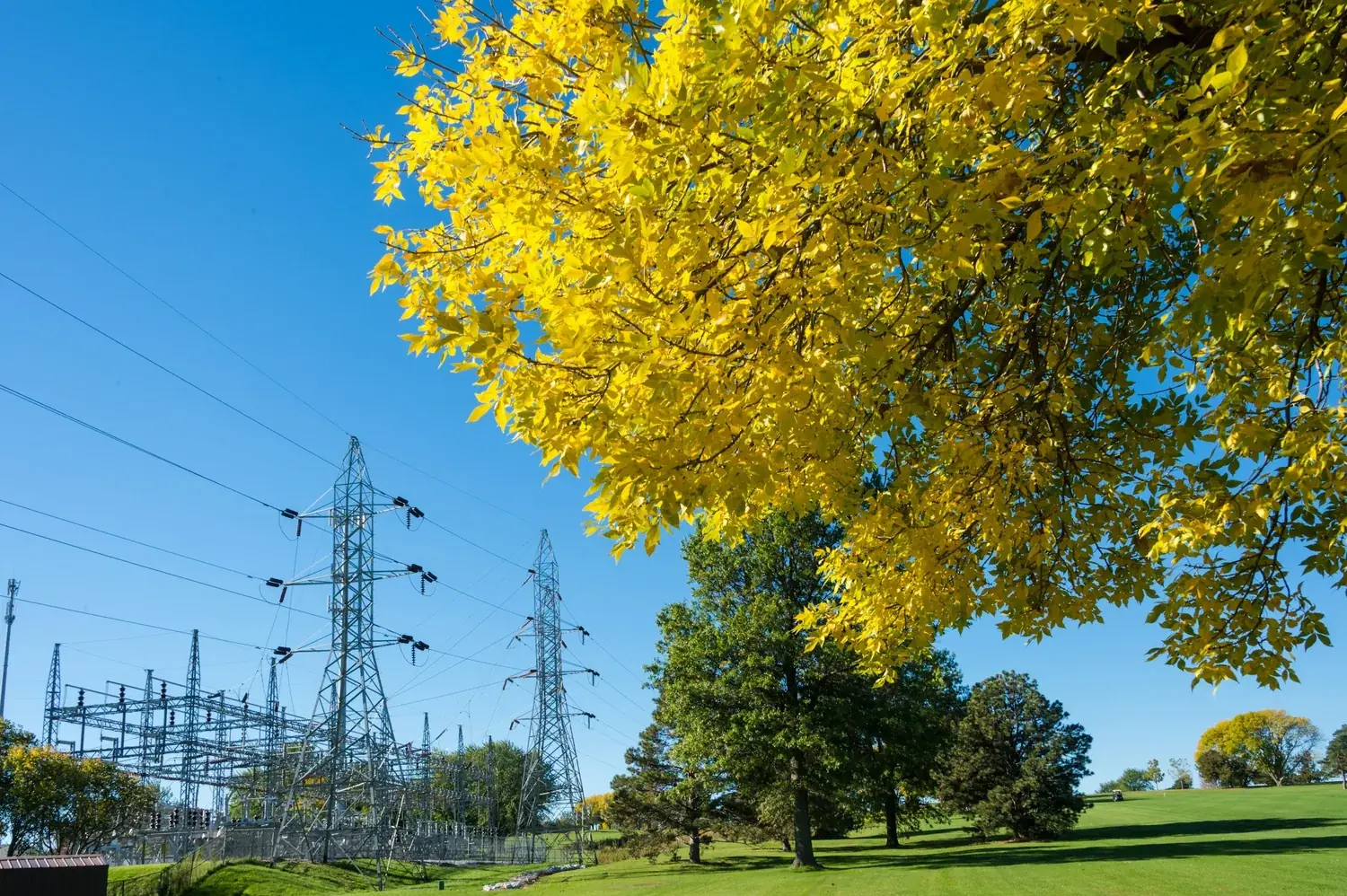 Electricity pylons and a substation